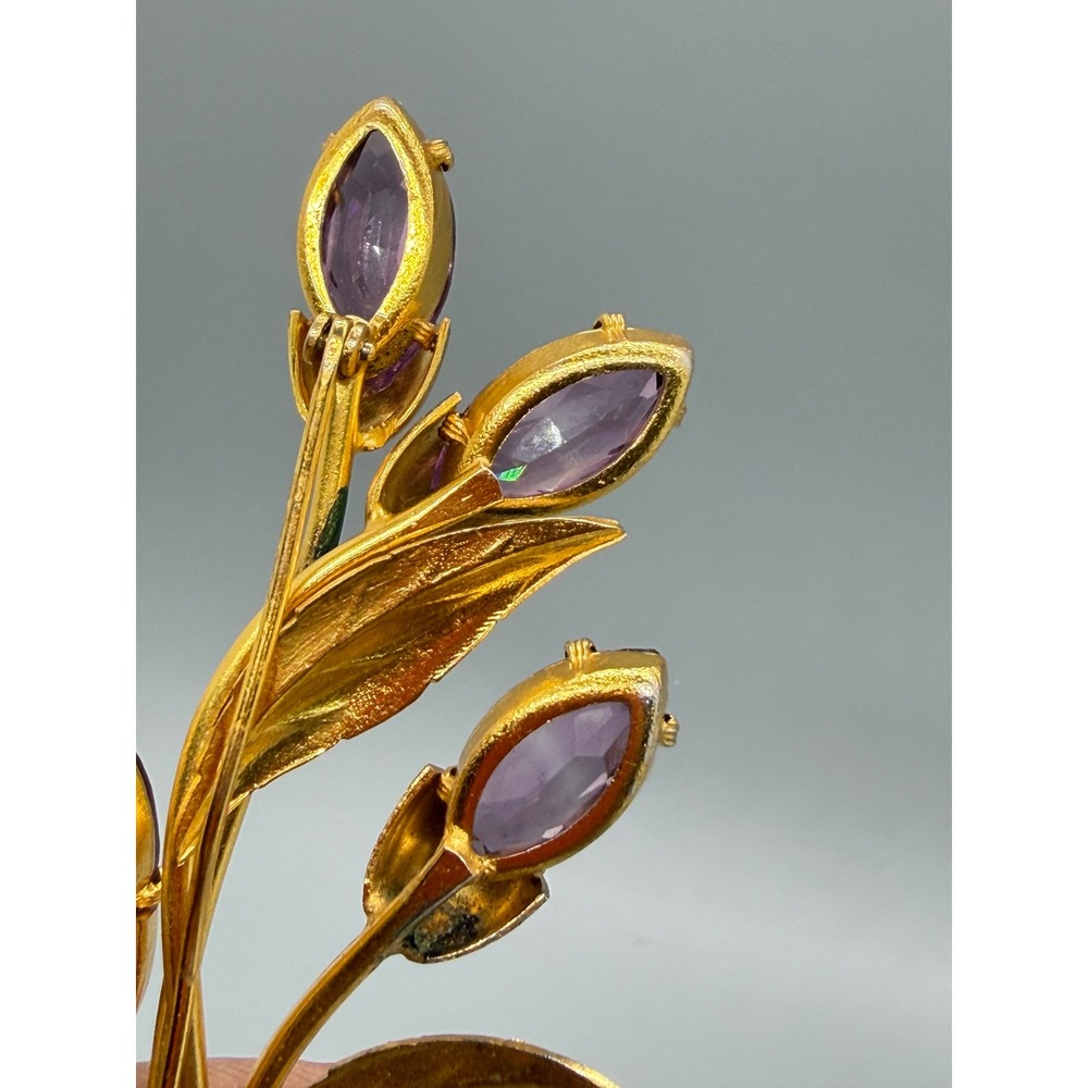 Vintage Gold Tone Purple Glass Enamel Flower Bouquet Brooch Large Statement - Picture 14 of 14